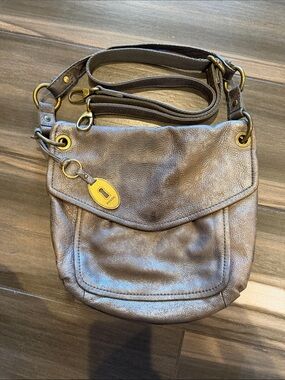 Fossil Dark Brown Pebbled Leather Crossbody with Brass Hardware